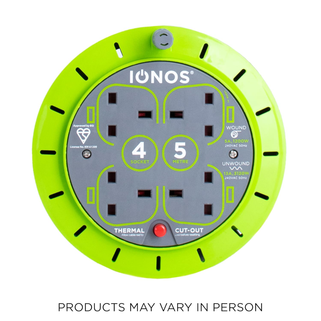 IONOS 4 Socket Cable Reel 5m | Heavy Duty 13A Extension Lead with Thermal Cut-Out