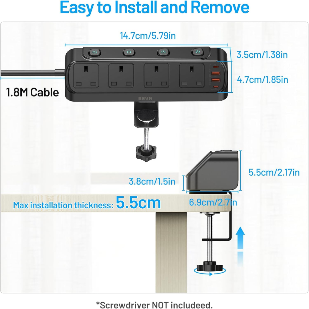 BEVA Desk Extension Lead 4 Way - PD20W USB Power Strip with Clamp Mount (1.8M)