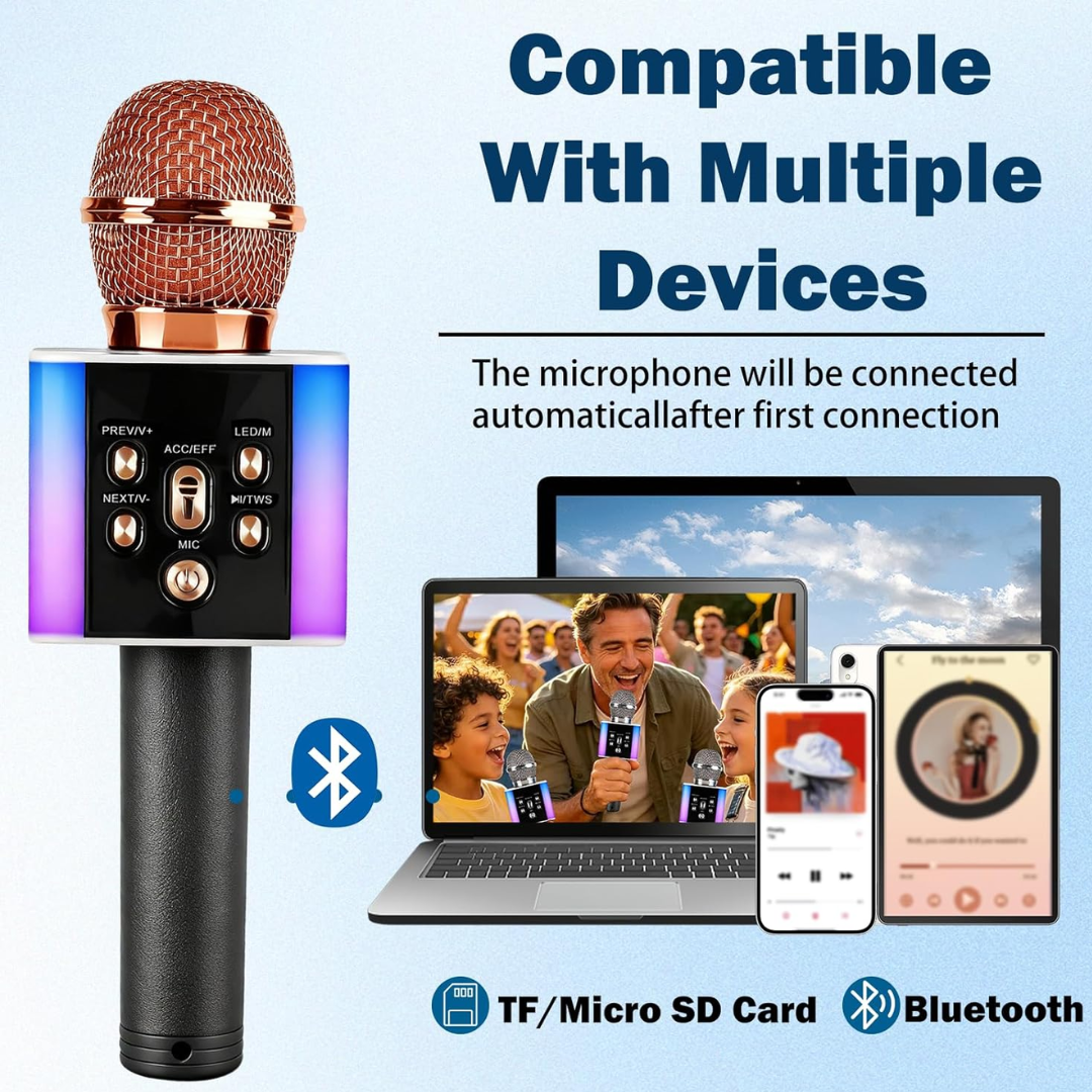Wireless Bluetooth Karaoke Microphone with LED Lights – 2-in-1 Speaker Mic (Rose Gold)