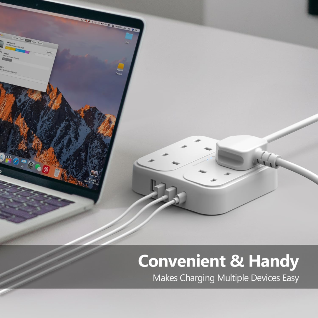 JSVER Extension Lead with USB  4 Way Surge Protector Power Strip with USB-C & 3 USB Ports
