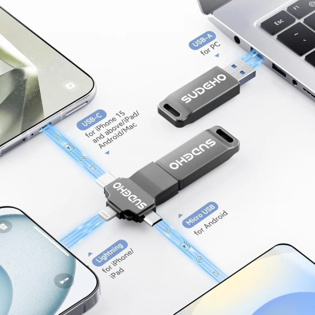 MFi Certified USB Stick 128GB for iPhone, 4-in-1 Flash Drive with USB 3.0 High-Speed, Multi-Device Memory Stick for iPhone/iPad/Android/PC/Mac, Easily Back Up Photos