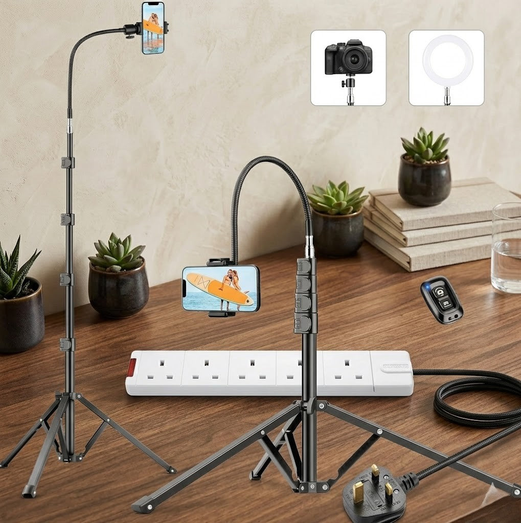 Tall Tripod for iPhone, Phone Tripods with Gooseneck & Remote and Mobile Phone Stand, Flexible Overhead Tripod iPhone Stand for Filming, Aluminum Tripods for Smartphone/Camera/Ring Light