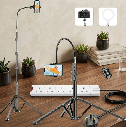 Tall Tripod for iPhone, Phone Tripods with Gooseneck & Remote and Mobile Phone Stand, Flexible Overhead Tripod iPhone Stand for Filming, Aluminum Tripods for Smartphone/Camera/Ring Light