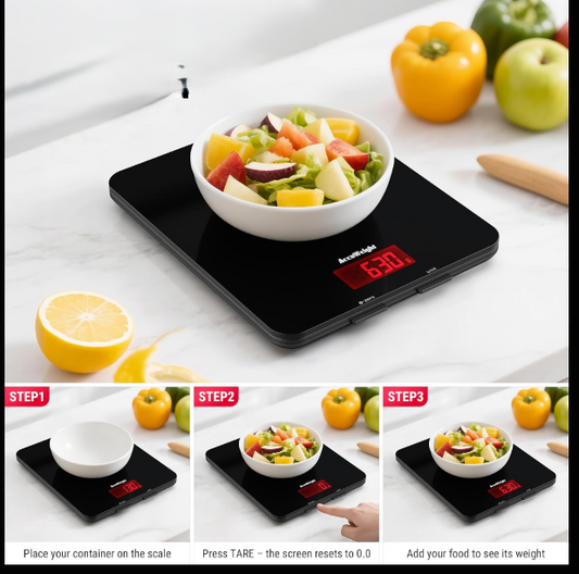 ACCUWEIGHT 201 Digital Kitchen Scale, 5kg/11lb, Glass Platform, Backlit LCD, Food & Baking Scale (Batteries Included)