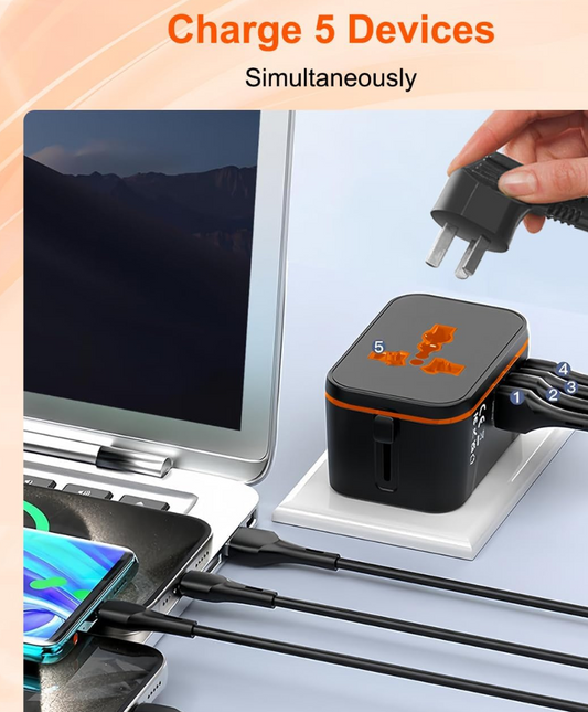 Universal Travel Adapter, All-in-One International Power Plug with Multi-Country Compatibility & USB Charging Ports
