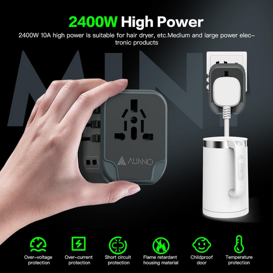Universal Travel Adapter, International Travel Plug Adapter with Multi-Country Compatibility & USB Charging Ports