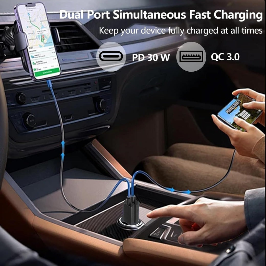Car Charger USB C Cigarette Lighter USB Charger 2 Ports,QC 3.0+PD 30W Fast Car Charger Socket Compatible with iPhone