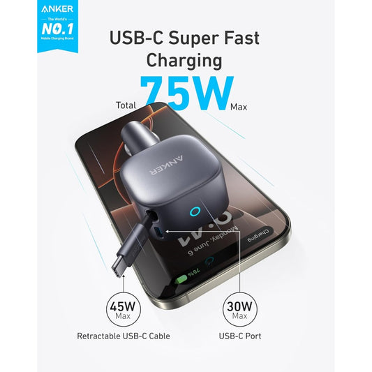 USB C Car Charger, 75W Max Ultra-Compact Type-C Fast Car Charger with Built-In Retractable USB-C Cable, Car Adapter for iPhone 17/16/15 Series, iPad, Galaxy, AirPods, and More