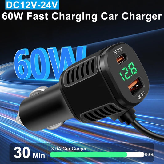 60W USB C Car Charger Socket Fast Charge with LED Voltmeter Car Phone Charger Cigarette Lighter Adapter Dual PD3.0 & QC3.0with 3.5m Type C Extension Cable for iPhone Samsung iPad, Dash Cam
