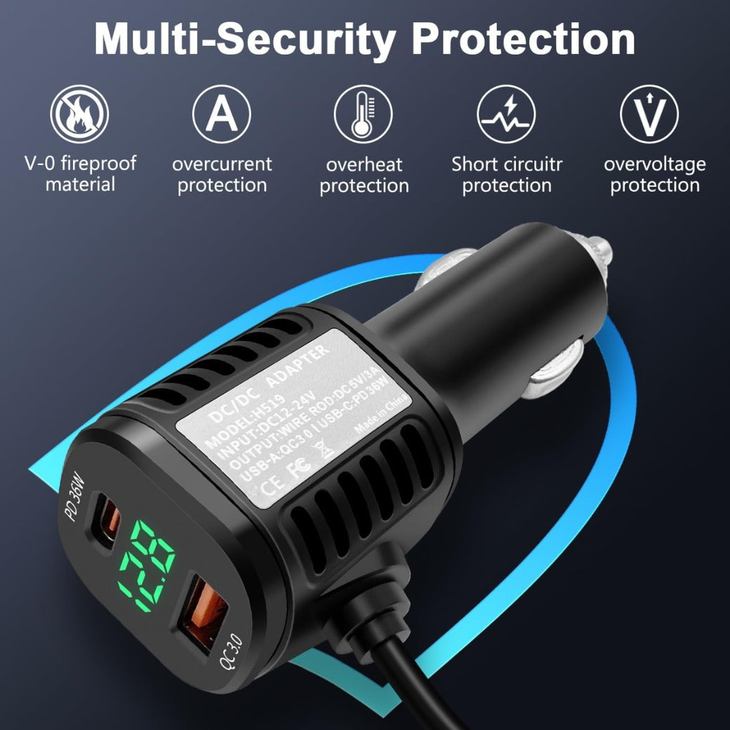 60W USB C Car Charger Socket Fast Charge with LED Voltmeter Car Phone Charger Cigarette Lighter Adapter Dual PD3.0 & QC3.0with 3.5m Type C Extension Cable for iPhone Samsung iPad, Dash Cam