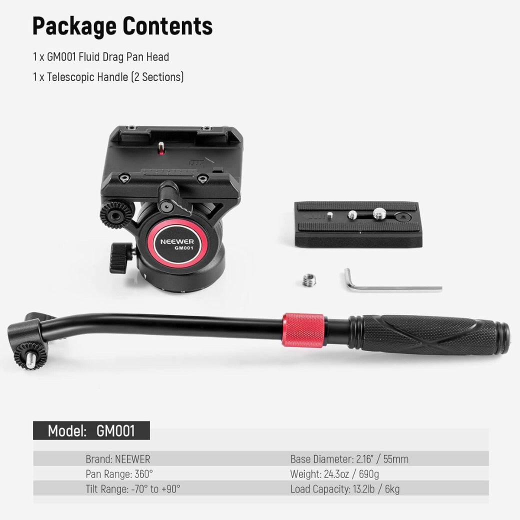 Video Tripod Fluid Head with Quick Release Plate, Telescopic Handle & Panorama Scaled Base (⌀55mm), Max Load 13.2lb/6kg, Heavy Duty for DSLR Video Cameras, GM001