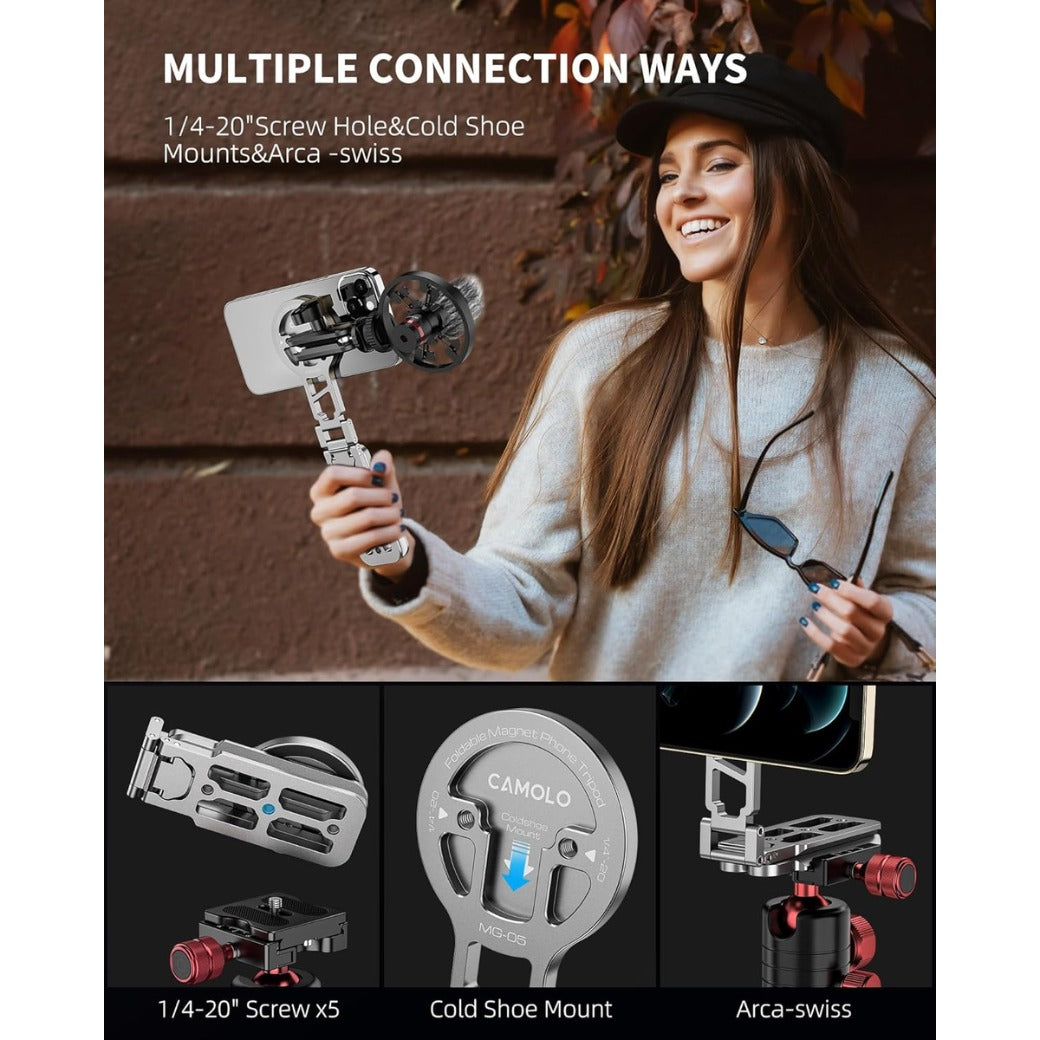 Magnetic Pocket Phone Tripod,Foldable Tripod Mount,Smartphone Holder Desk Stand,Handle Stick with Arca-Swiss,Cold Shoe Mount for iPhone 17/16/15/14/13/12,Video,Vlog,Travel