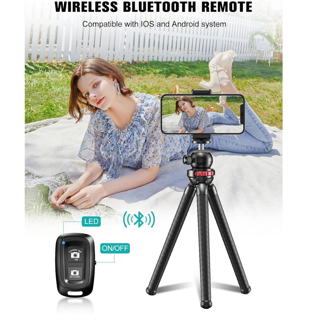 Phone Tripod, Flexible Tabletop & Travel Tripods with Wireless Remote, 360° Rotating Portable Camera Binocular Tripod Adapters Stand for Cellphones & Sports Camera, Ideal for Video Recording