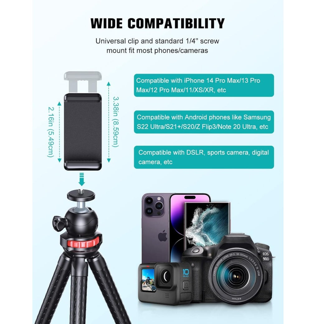 Phone Tripod, Flexible Tabletop & Travel Tripods with Wireless Remote, 360° Rotating Portable Camera Binocular Tripod Adapters Stand for Cellphones & Sports Camera, Ideal for Video Recording