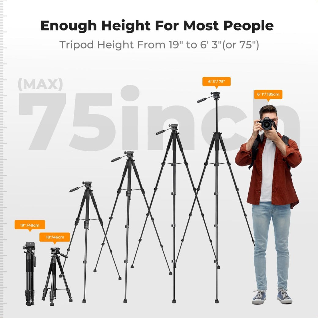 K&F CONCEPT 75"/190cm Compact Camera Tripod, Lightweight Travel Tripod for DSLR Camera and Phone, Video Tripod Stand with Phone Clip