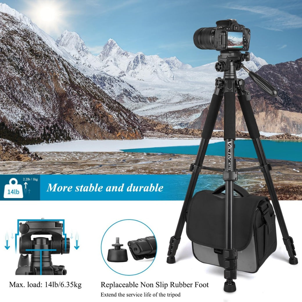 Victiv Camera Tripod 63-73" for Canon Nikon, Lightweight DSLR Camera Stand with Detachable 3-way Swivel Pan Head Max Load 14lb/6.35kg, Aluminum Tripod with Holder and Carry Bag