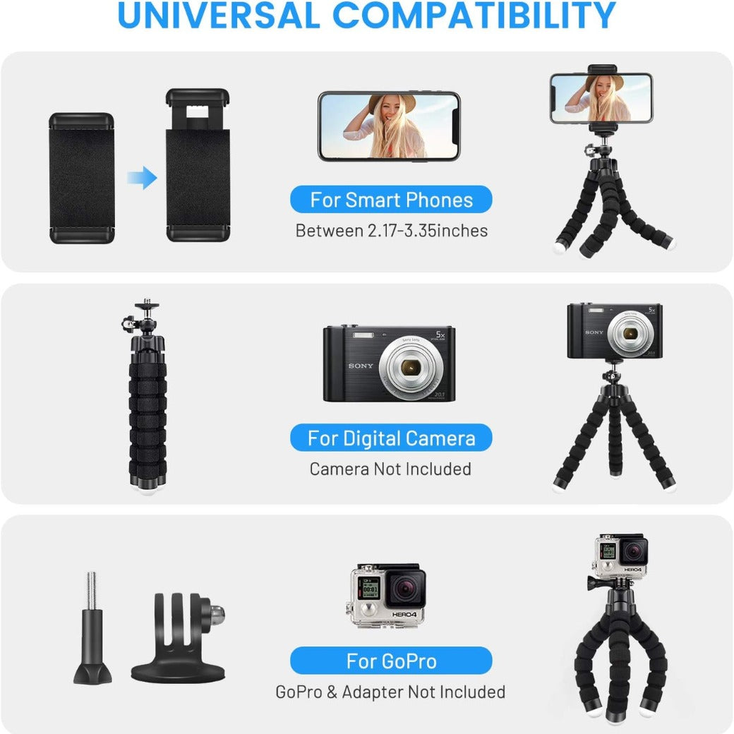 Flexible Mini Tripod Holder with Bluetooth Control, Portable Travel Camera Mobile Phone Mount Compatible with iPhone, Android Phones, GoPro, 4-8" Smart Device