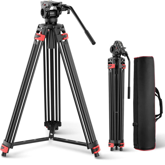 Basic 74" Video Tripod with Fluid Head , Metal Camera Tripod with Smooth Friction Damping, Mid Level Spreader, Quick Release Plate Compatible with Manfrotto 501, Max Load 17.6lb, TP37
