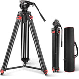 Basic 74" Video Tripod with Fluid Head , Metal Camera Tripod with Smooth Friction Damping, Mid Level Spreader, Quick Release Plate Compatible with Manfrotto 501, Max Load 17.6lb, TP37