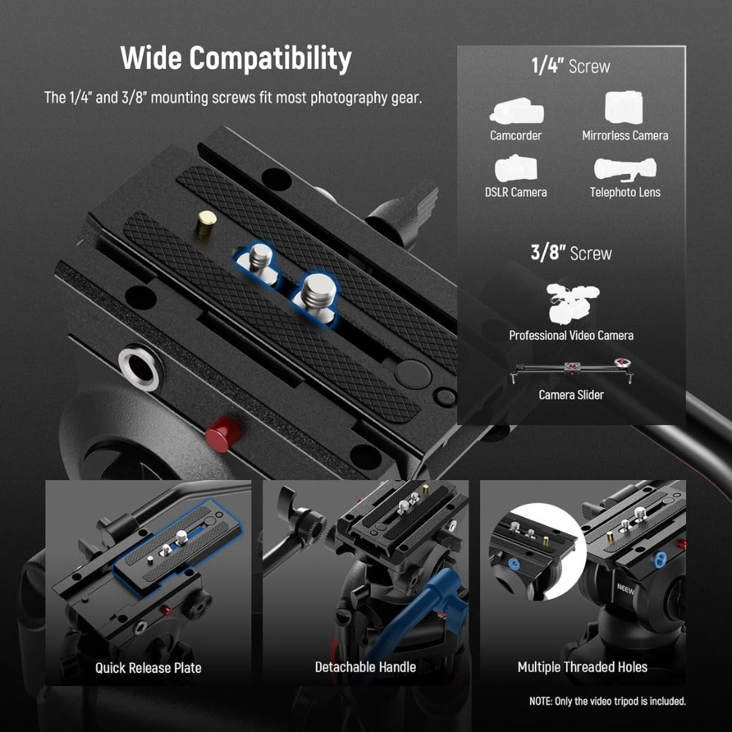 Basic 74" Video Tripod with Fluid Head , Metal Camera Tripod with Smooth Friction Damping, Mid Level Spreader, Quick Release Plate Compatible with Manfrotto 501, Max Load 17.6lb, TP37