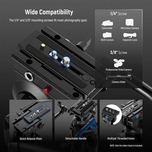 Basic 74" Video Tripod with Fluid Head , Metal Camera Tripod with Smooth Friction Damping, Mid Level Spreader, Quick Release Plate Compatible with Manfrotto 501, Max Load 17.6lb, TP37