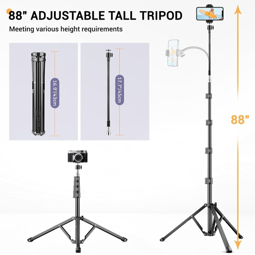 Tall Tripod for iPhone, Phone Tripods with Gooseneck & Remote and Mobile Phone Stand, Flexible Overhead Tripod iPhone Stand for Filming, Aluminum Tripods for Smartphone/Camera/Ring Light