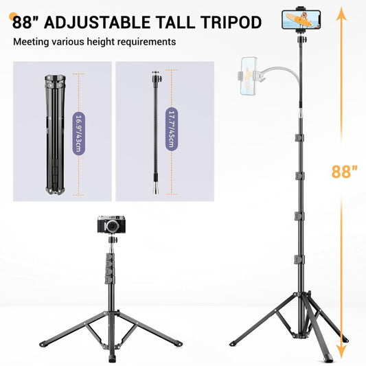 Tall Tripod for iPhone, Phone Tripods with Gooseneck & Remote and Mobile Phone Stand, Flexible Overhead Tripod iPhone Stand for Filming, Aluminum Tripods for Smartphone/Camera/Ring Light