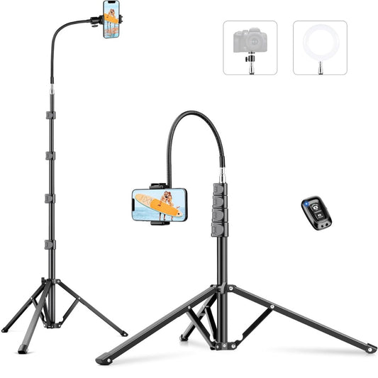 Tall Tripod for iPhone, Phone Tripods with Gooseneck & Remote and Mobile Phone Stand, Flexible Overhead Tripod iPhone Stand for Filming, Aluminum Tripods for Smartphone/Camera/Ring Light