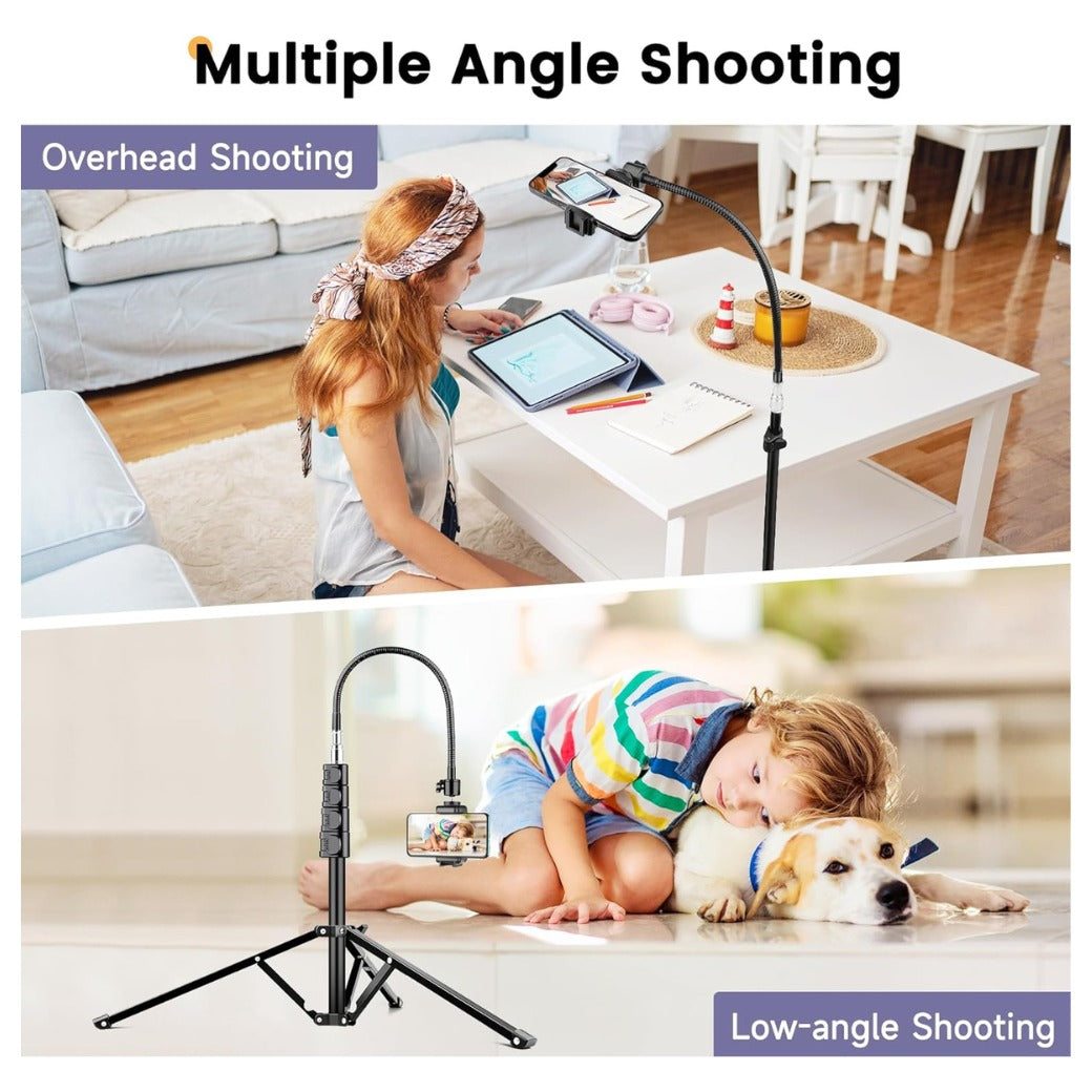 Tall Tripod for iPhone, Phone Tripods with Gooseneck & Remote and Mobile Phone Stand, Flexible Overhead Tripod iPhone Stand for Filming, Aluminum Tripods for Smartphone/Camera/Ring Light