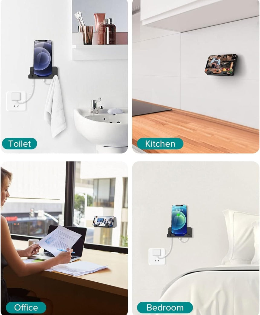 Hands Free Wall Mount Phone Holder with Adhesive Strip for Bedroom Living Room Kitchen Compatible with All Phone or Mini ipad Black