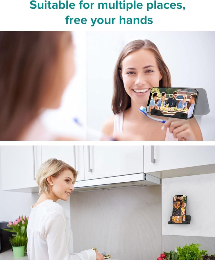 Hands Free Wall Mount Phone Holder with Adhesive Strip for Bedroom Living Room Kitchen Compatible with All Phone or Mini ipad Black