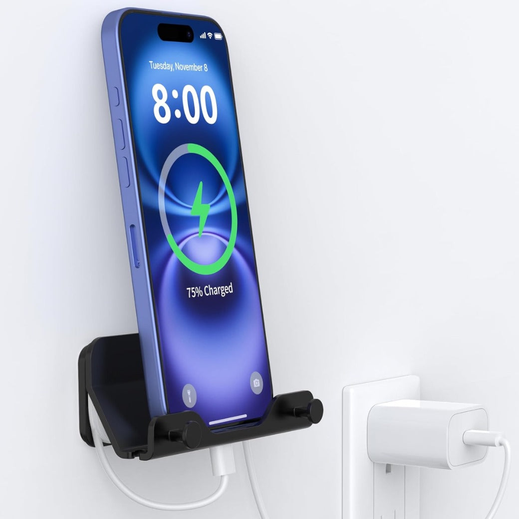 Hands Free Wall Mount Phone Holder with Adhesive Strip for Bedroom Living Room Kitchen Compatible with All Phone or Mini ipad Black