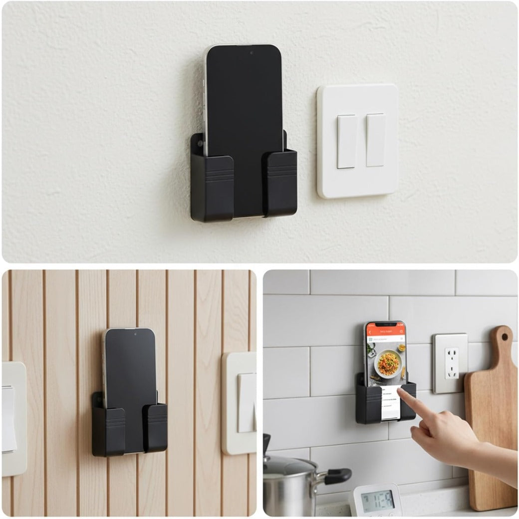 2 Pcs Wall Mount Phone Holder, Phone Stand with Self-Adhesive with Data Cable Receiving Hole, Charger Remote Control Storage Box for Bedroom, Living Room, Bathroom, Kitchen, Office (Black)