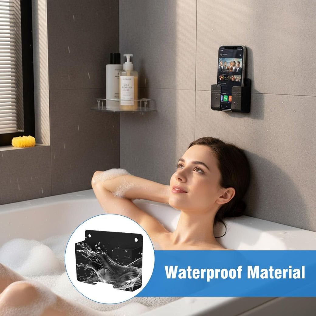 2 Pcs Wall Mount Phone Holder, Phone Stand with Self-Adhesive with Data Cable Receiving Hole, Charger Remote Control Storage Box for Bedroom, Living Room, Bathroom, Kitchen, Office (Black)