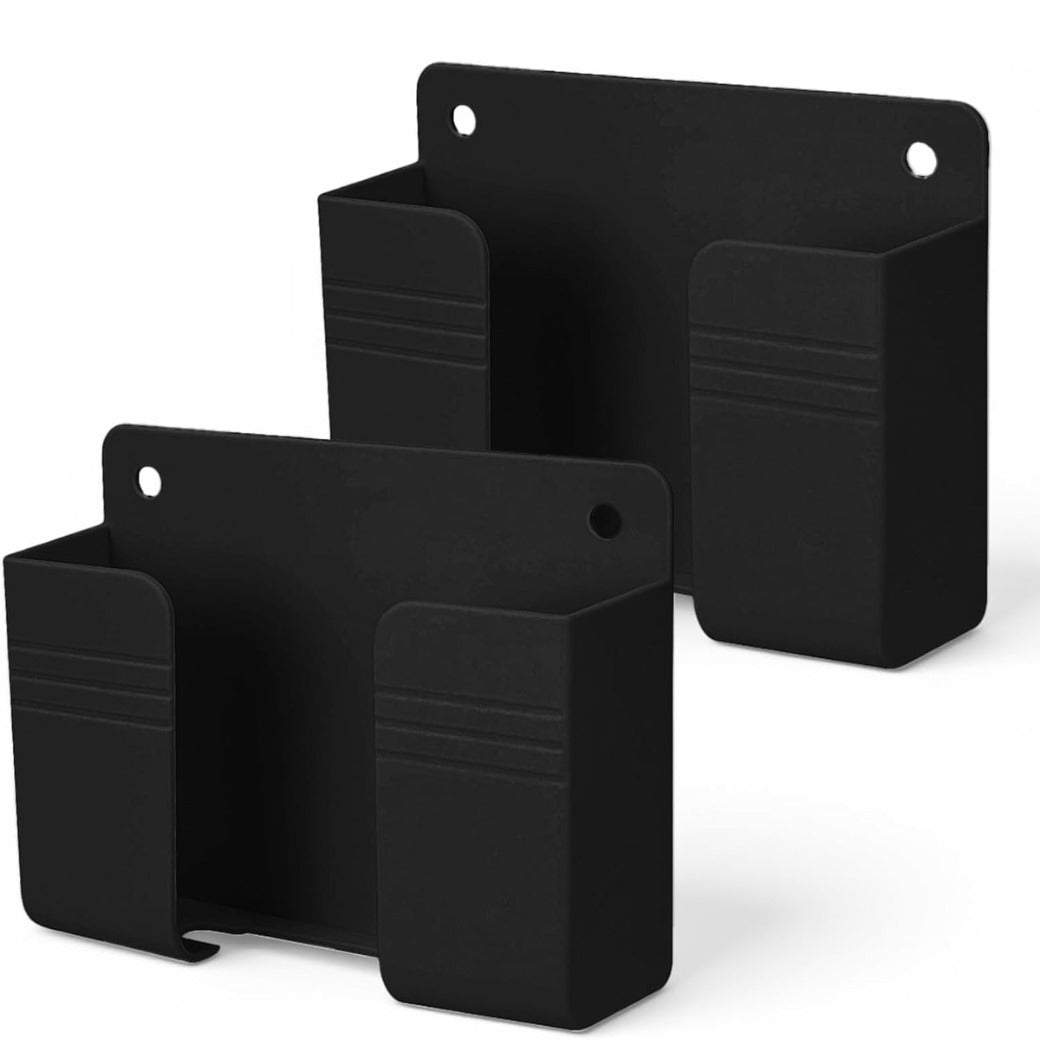 2 Pcs Wall Mount Phone Holder, Phone Stand with Self-Adhesive with Data Cable Receiving Hole, Charger Remote Control Storage Box for Bedroom, Living Room, Bathroom, Kitchen, Office (Black)
