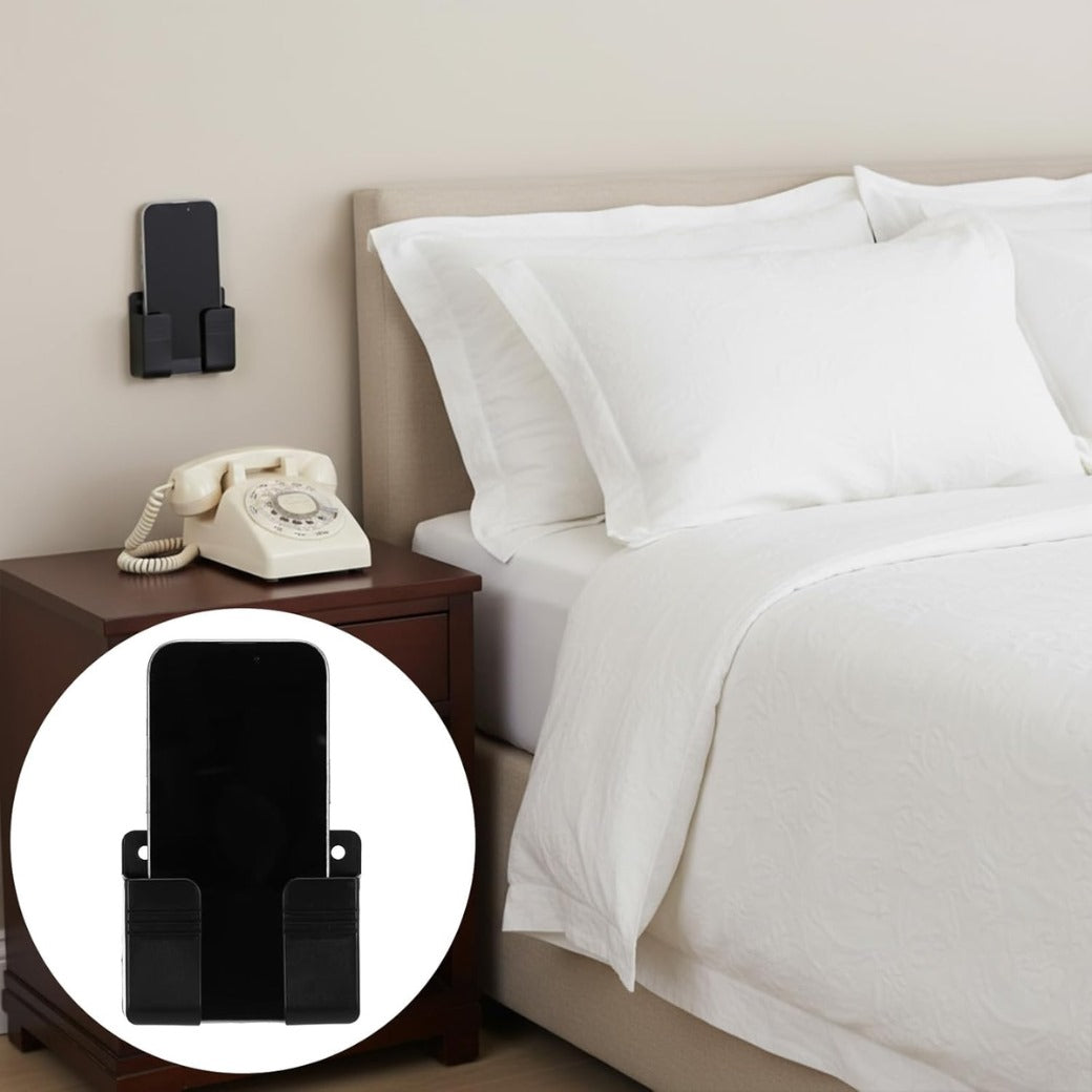 2 Pcs Wall Mount Phone Holder, Phone Stand with Self-Adhesive with Data Cable Receiving Hole, Charger Remote Control Storage Box for Bedroom, Living Room, Bathroom, Kitchen, Office (Black)