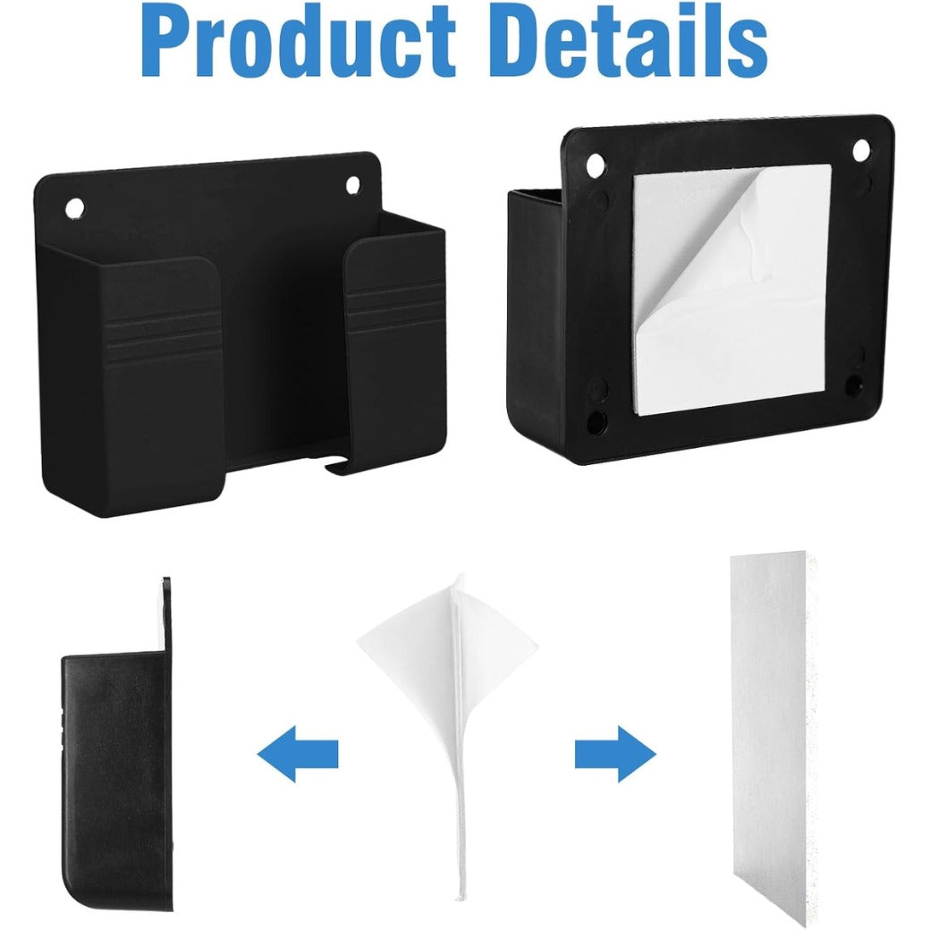 2 Pcs Wall Mount Phone Holder, Phone Stand with Self-Adhesive with Data Cable Receiving Hole, Charger Remote Control Storage Box for Bedroom, Living Room, Bathroom, Kitchen, Office (Black)