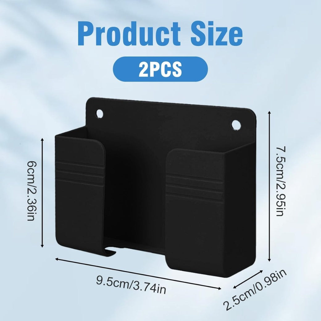 2 Pcs Wall Mount Phone Holder, Phone Stand with Self-Adhesive with Data Cable Receiving Hole, Charger Remote Control Storage Box for Bedroom, Living Room, Bathroom, Kitchen, Office (Black)