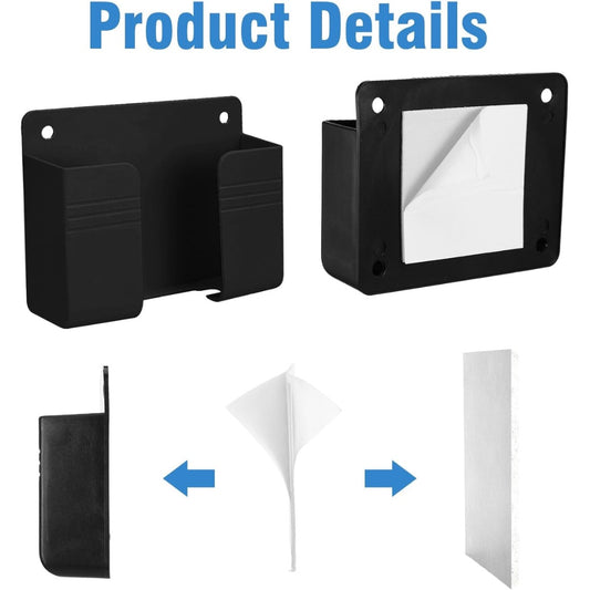 2 Pcs Wall Mount Phone Holder, Phone Stand with Self-Adhesive with Data Cable Receiving Hole, Charger Remote Control Storage Box for Bedroom, Living Room, Bathroom, Kitchen, Office (Black)