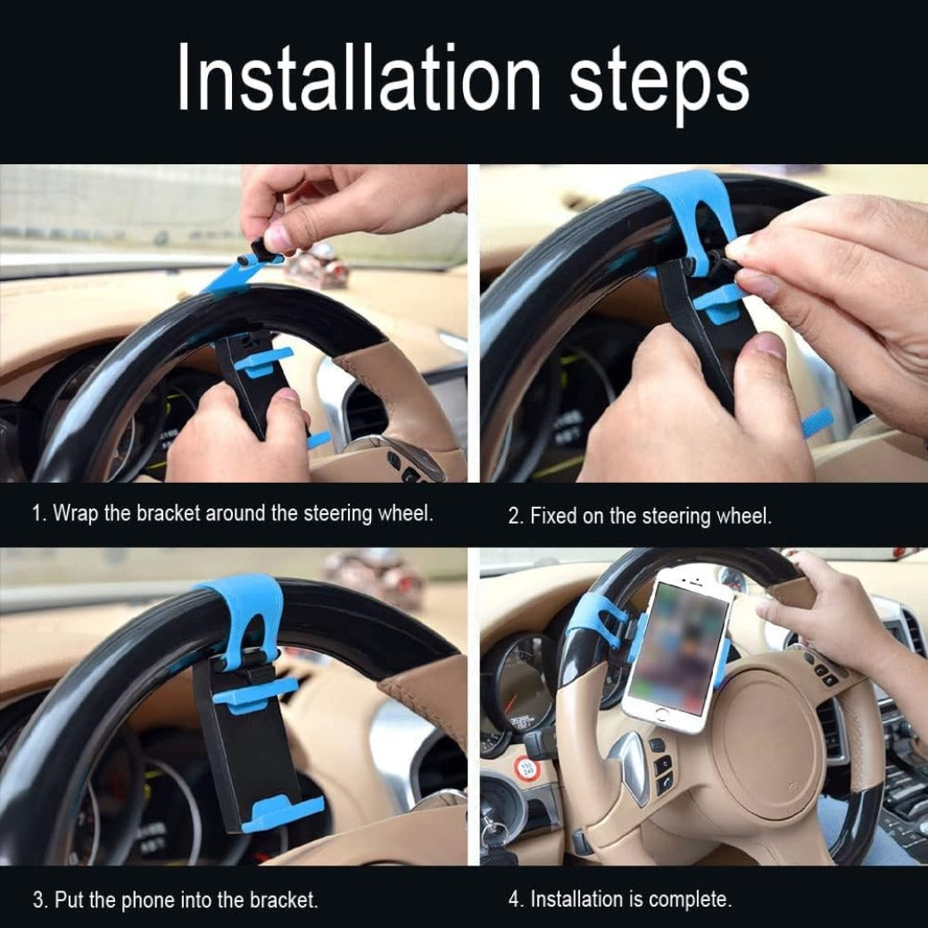 Car Steering Wheel Phone Mount, Blue, Portable Electronic Device Mount, Compatible with iPhone and Samsung (Blue)