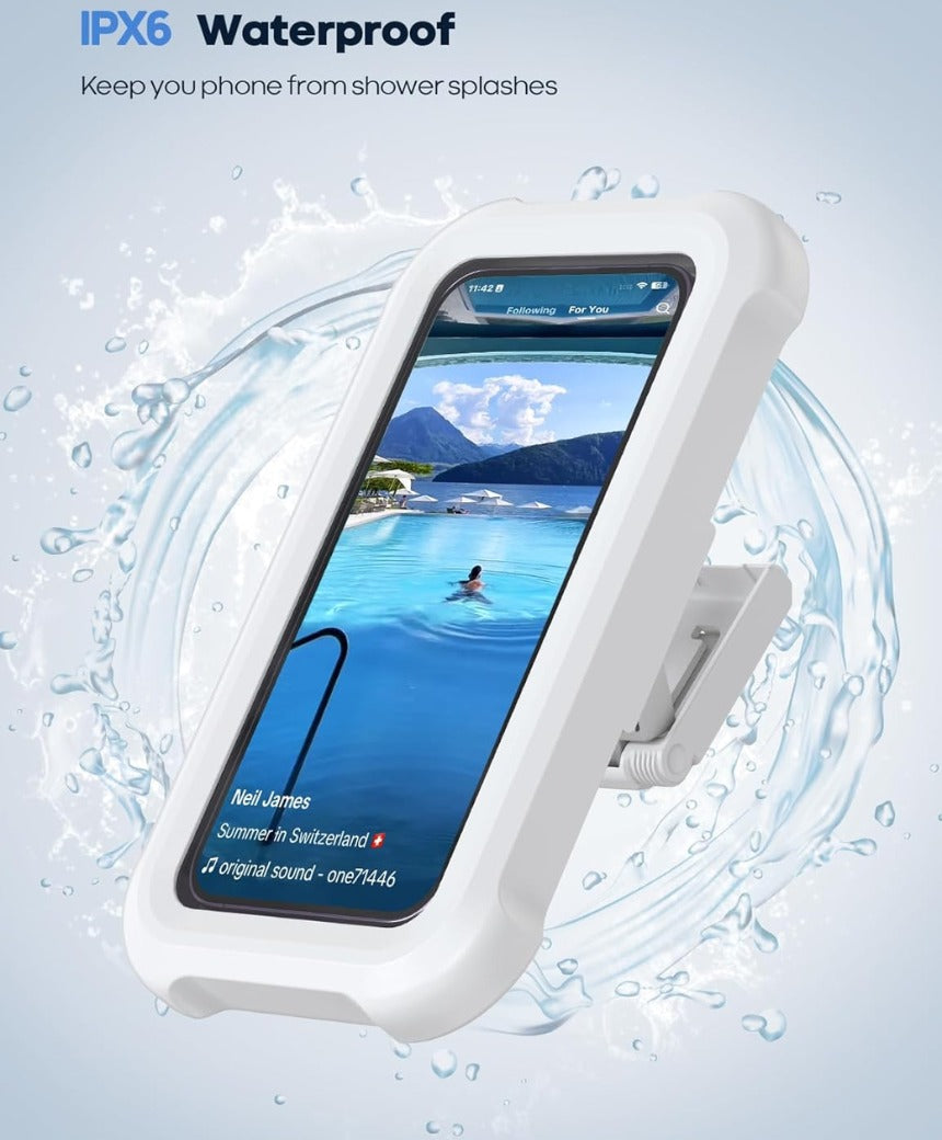 Shower Phone Holder Waterproof - 480° Rotation Wall Mount Shower Phone Case, Anti-Fog, High Sensitive HD Touchscreen Shower Phone Mount for Bathroom Bathtub Kitchen, Fit 4-7" Phone - White