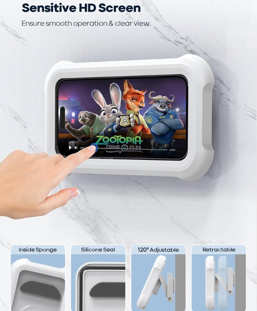Shower Phone Holder Waterproof - 480° Rotation Wall Mount Shower Phone Case, Anti-Fog, High Sensitive HD Touchscreen Shower Phone Mount for Bathroom Bathtub Kitchen, Fit 4-7" Phone - White