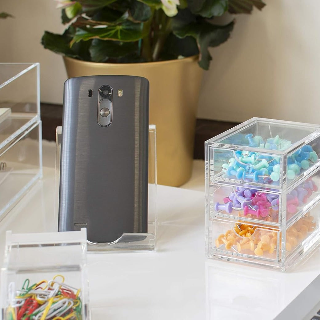 Clear Acrylic Smartphone Dock Stand, Elegant Desk & Bedside Holder with Glass-Look Finish, Universal Mobile Compatibility, Non-Slip Feet, Compact 9×8.5×7.2 cm