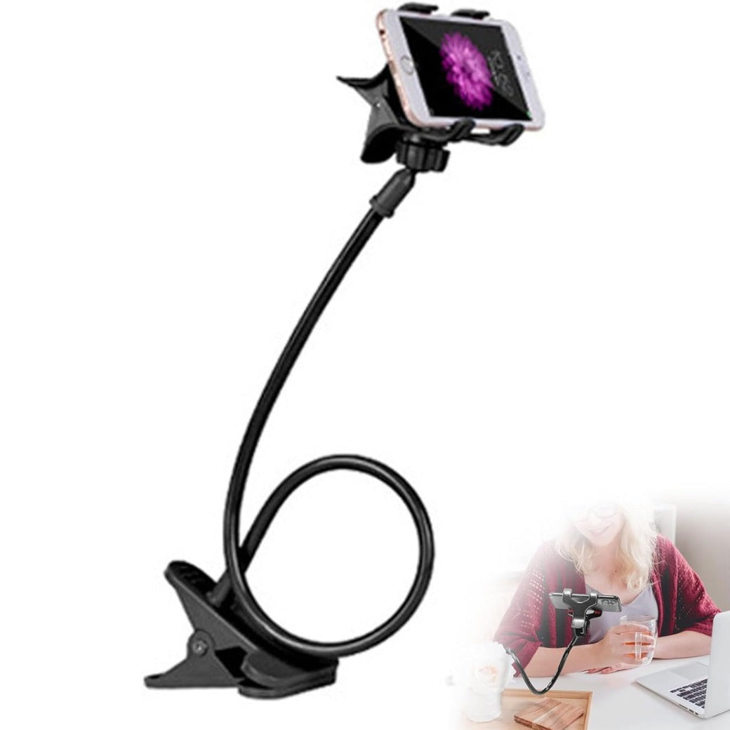 Phone Holder Stand for Bed Flexible Arm Adjustable Phones Mount Clamp on Desk Bedframe Compatible with All Devices,Gooseneck Phone Holder,Flexible 360 Overhead Phone Mount Clip (Black)