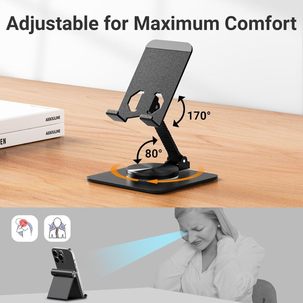 Stable Base Phone Stand - Height Adjustable, 360° Free Rotation Holder for All Mobile Phones & Tablets, black