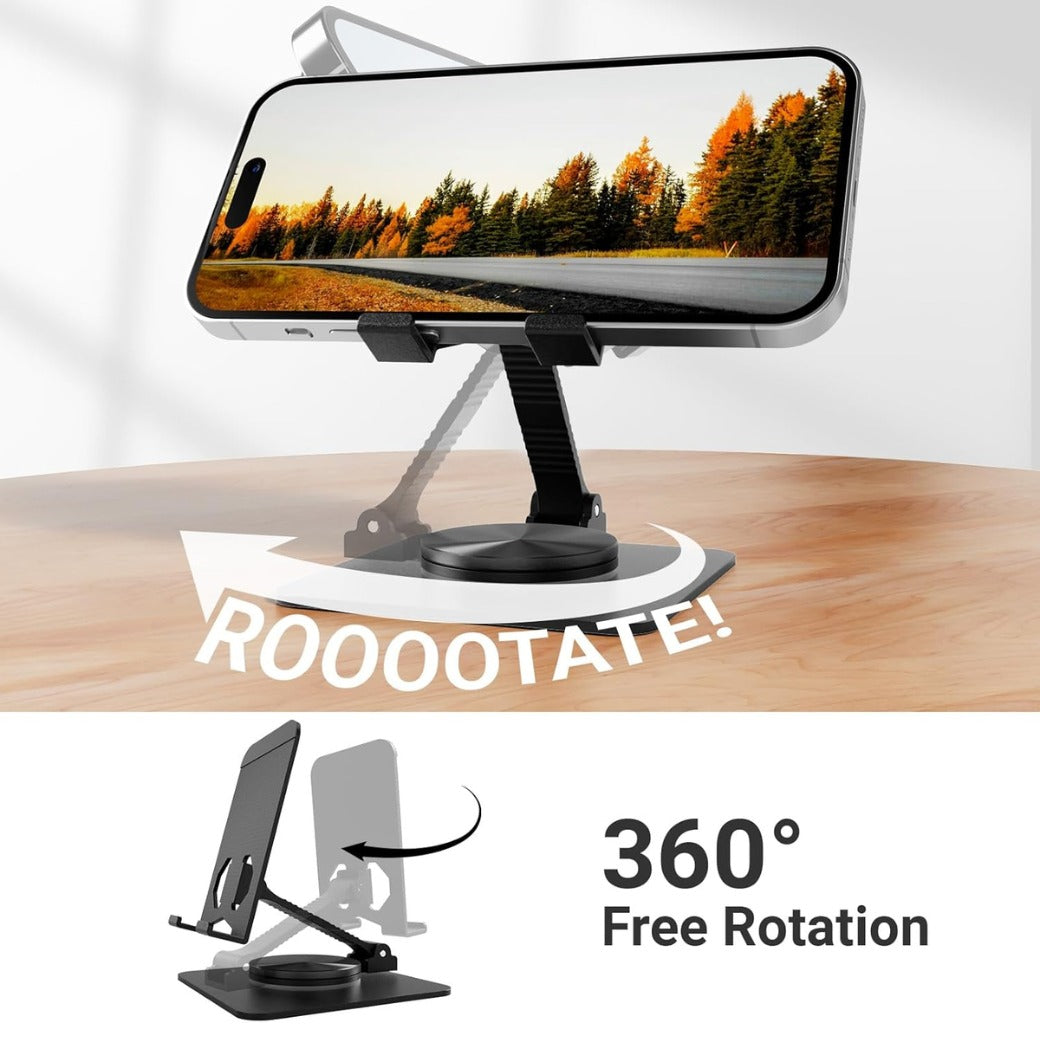 Stable Base Phone Stand - Height Adjustable, 360° Free Rotation Holder for All Mobile Phones & Tablets, black