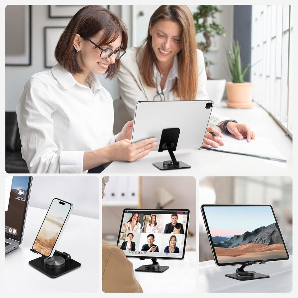 Stable Base Phone Stand - Height Adjustable, 360° Free Rotation Holder for All Mobile Phones & Tablets, black