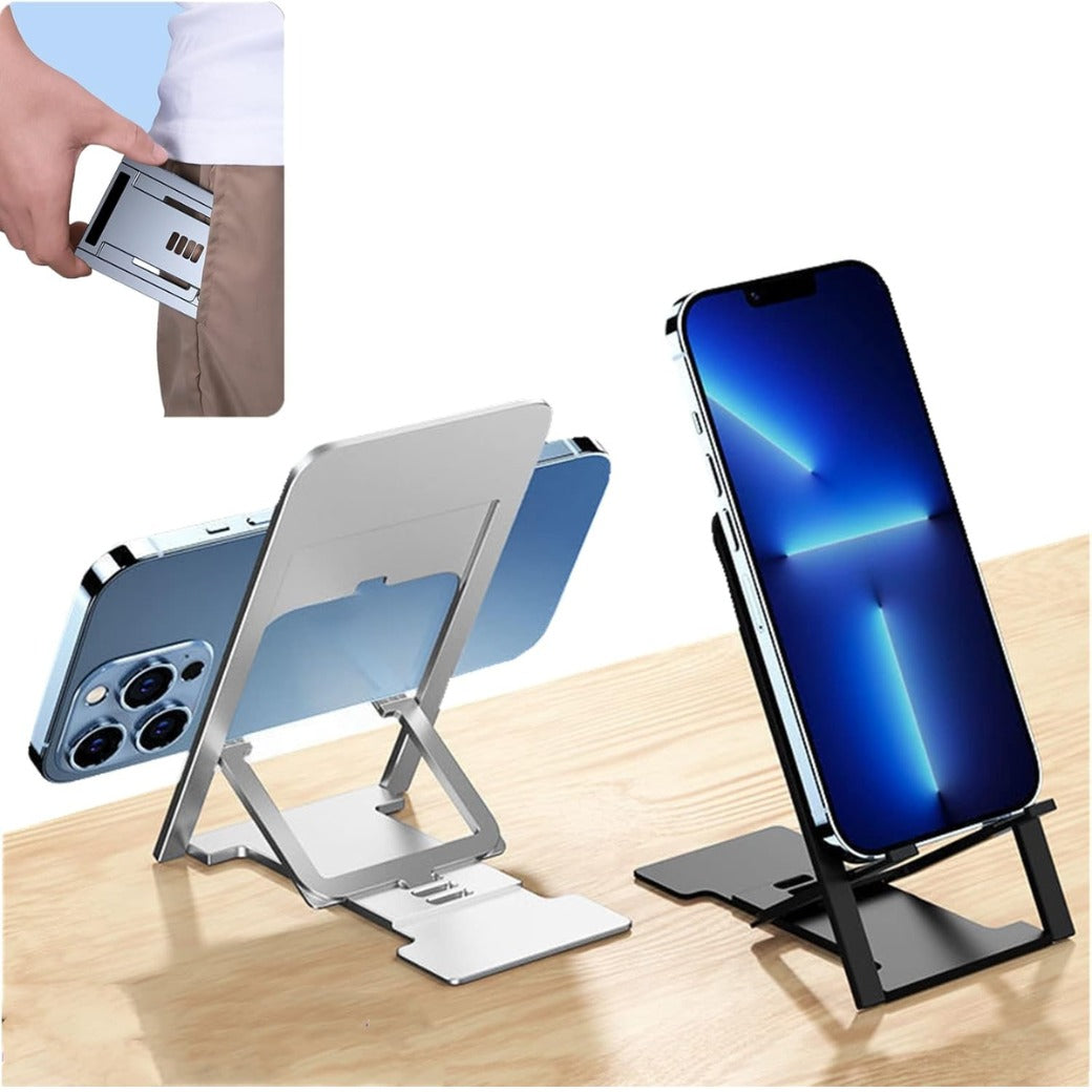 Ultra Thin Portable Foldable Cell Phone Stand - Adjustable Folding Stand for Desk & Travel, Compatible with iPhone Smartphones and iPad Tablets (4-12in), Blac
