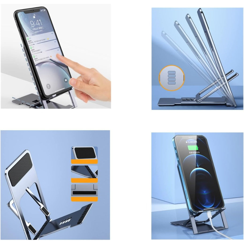 Ultra Thin Portable Foldable Cell Phone Stand - Adjustable Folding Stand for Desk & Travel, Compatible with iPhone Smartphones and iPad Tablets (4-12in), Blac