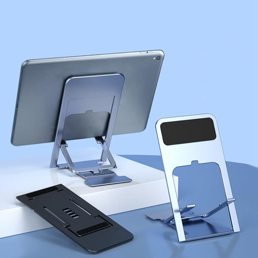 Ultra Thin Portable Foldable Cell Phone Stand - Adjustable Folding Stand for Desk & Travel, Compatible with iPhone Smartphones and iPad Tablets (4-12in), Blac